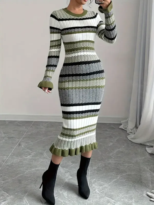 Women's Color Block Striped Knit Long Dress