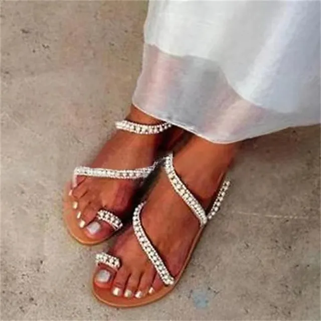 Women's Sandals Boho Bohemia Beach Plus Size Daily Beach Wedding Sandals Summer Pearl Flat Heel Open Toe Elegant Casual Minimalism Synthetics Loafer Solid Colored Light Brown