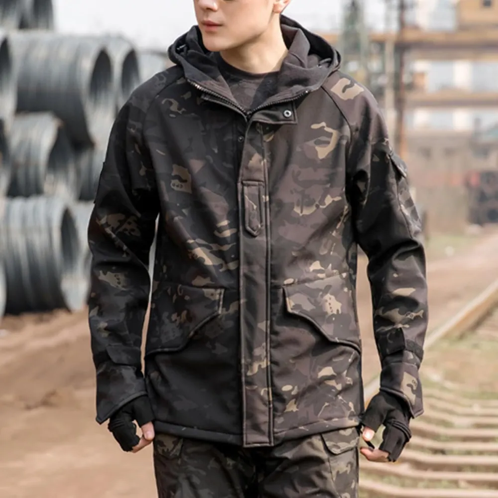 Men's Fleece Lined Soft Shell Jacket Winter Waterproof Hooded Coat Windproof Camo Tactical Jacket