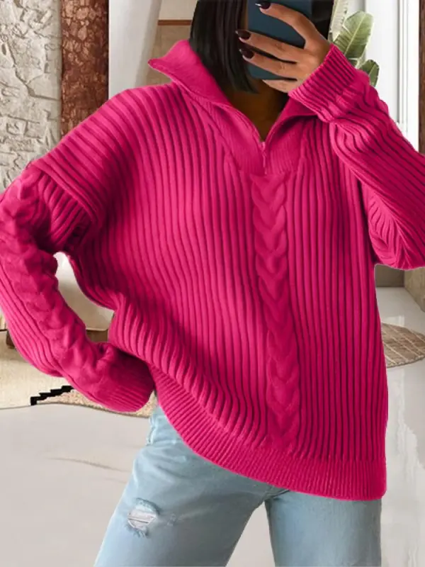 Sweater Twist Lapel Lazy Loose Casual Solid Color Knit Zip Sweater