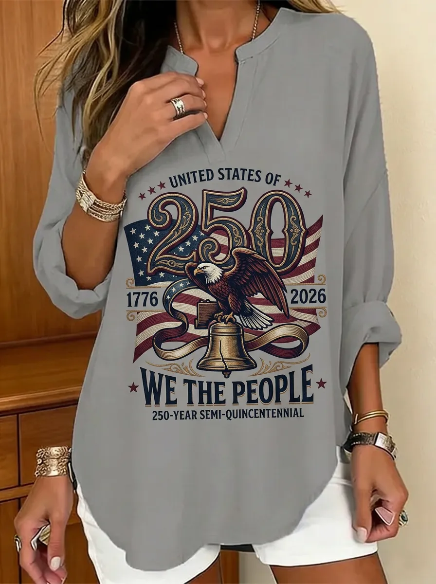 Women's USA 250th Anniversary Eagle Liberty Bell Printed V-neck Top