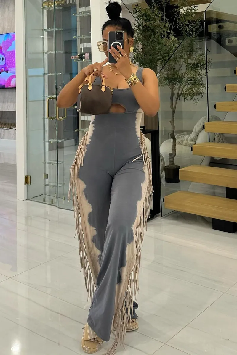 U Neck Cutout Wide Leg Side Fringed Sleeveless Jumpsuit-Grey
