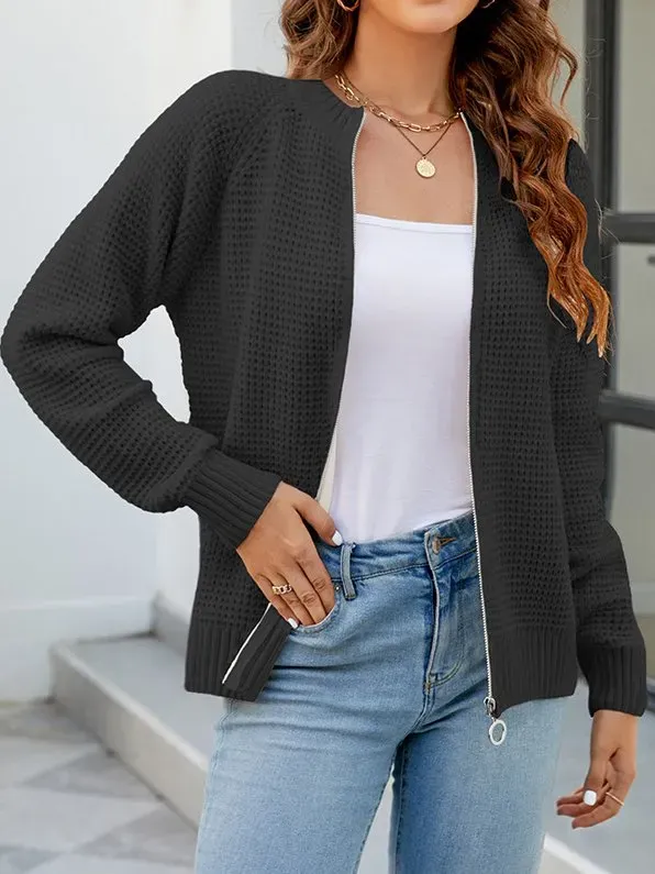 Women Plain Long Sleeve Comfy Casual Zipper Cardigan