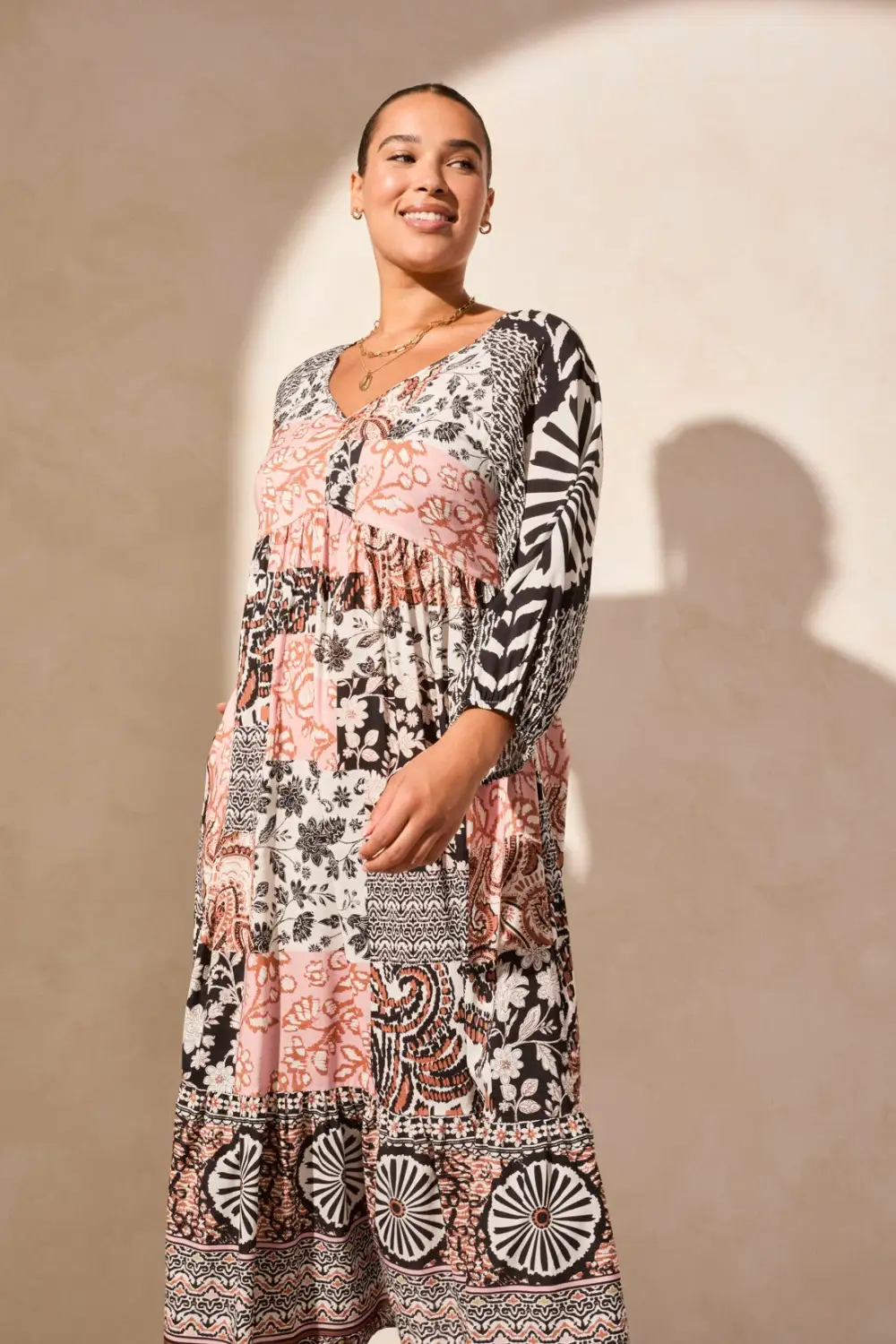 Long Raglan Sleeve Poplin V-Neck Dress-Desertsand