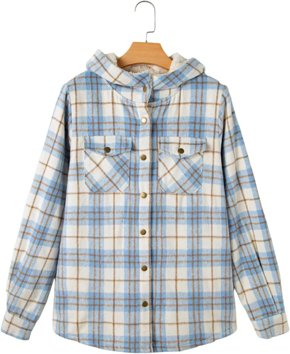 Womens Plaid Shacket Jacket Long Sleeve Button Down Fleece Hooded Jackets Warm Coat