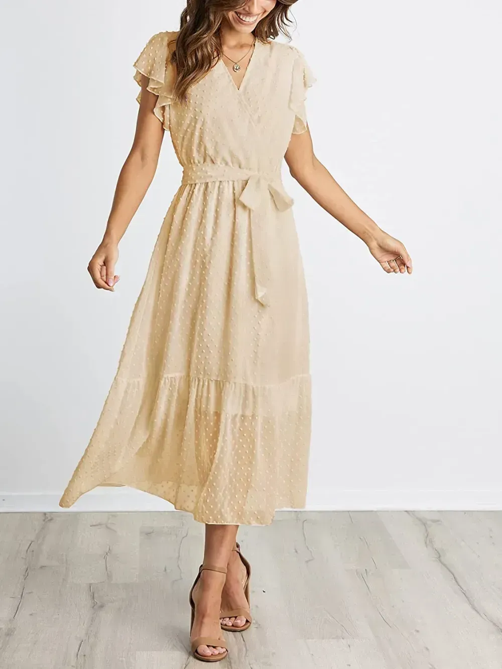 Women Summer Bohemian Floral Casual Wrap V Neck Ruffle Cap Sleeveless Belt A-Line Pleated Hem Swing Midi Sun Dress