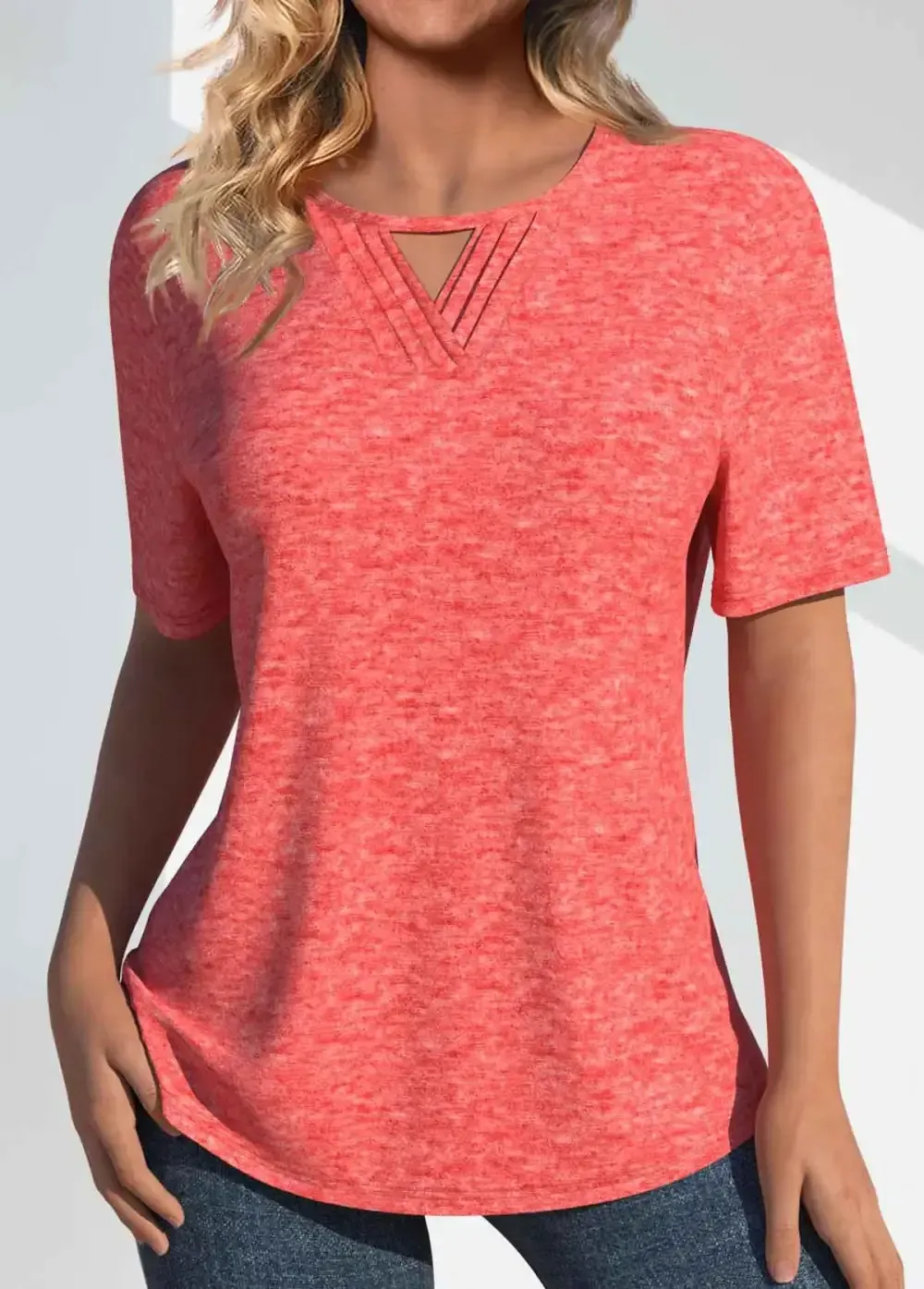 Coral Tuck Stitch Short Sleeve Round Neck T Shirt
