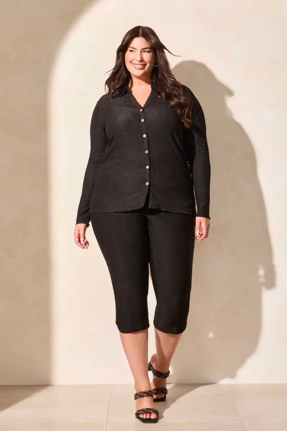 Crinkle Knit Button-Front Loose Shirt-Black