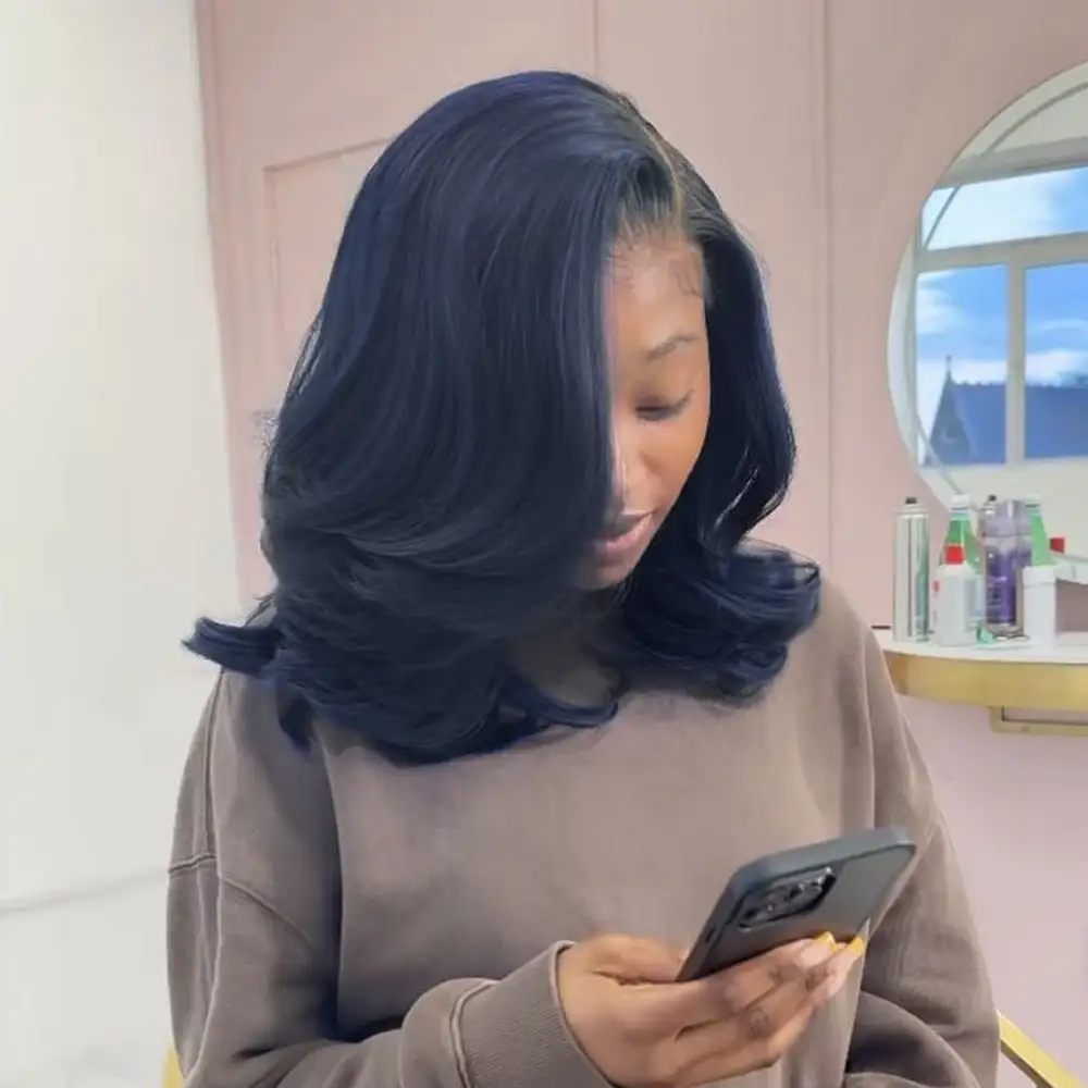 Glueless Midnight Blue Bob Wig Glueless Flexi-Fit Invisi Drawstring Cap Trendy Colored Human Hair Wigs