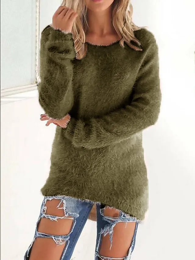 Women's Pullover Sweater Jumper Crew Neck Fuzzy Knit Cotton Oversized Fall Winter Outdoor Daily Going out Stylish Casual Soft Long Sleeve Solid Color Lake blue ArmyGreen
