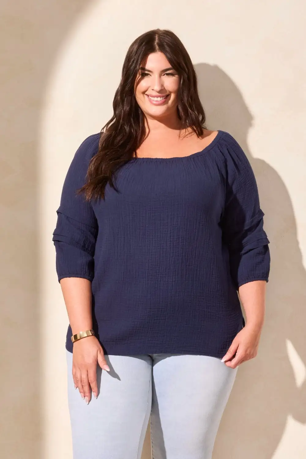 Cotton Gauze Convertible Off-Shoulder Top-Nautical