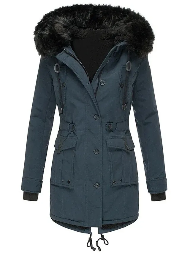 Women's Parka Winter Coat Mid-Length Puffer Jacket with Fur Collar Thermal Warm Heated Jacket Fleece Lined with Pockets Zip up Drwastring Hooded Outerwear Long Sleeve Fall Light Yellow Light Pink