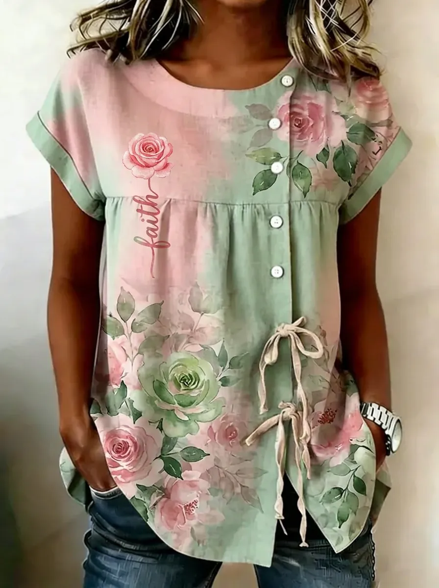 Women's Nashville Faith Floral Rose Printed Button-up Top
