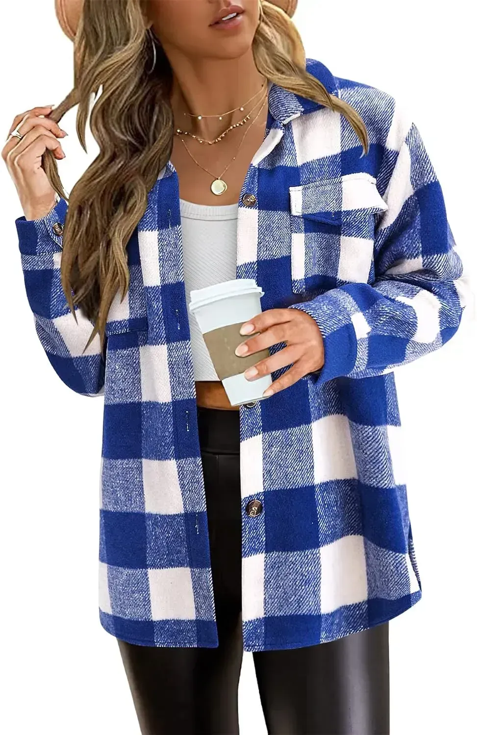 Women's 2023 Fall Clothes Plaid Shacket Jacket Long Sleeve Button Down Flannel Shirts Fashion Blouse