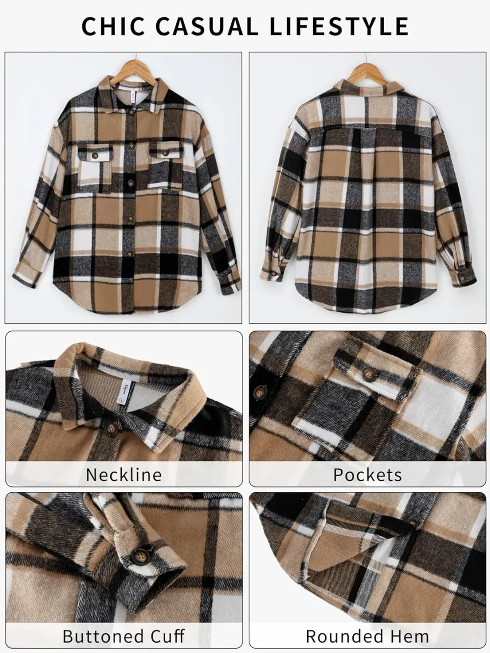 Women's Casual Plaid Flannel Shacket Jacket Oversized Button Down Long Sleeve Fall Shirts Jacket Lapel Coats Tops