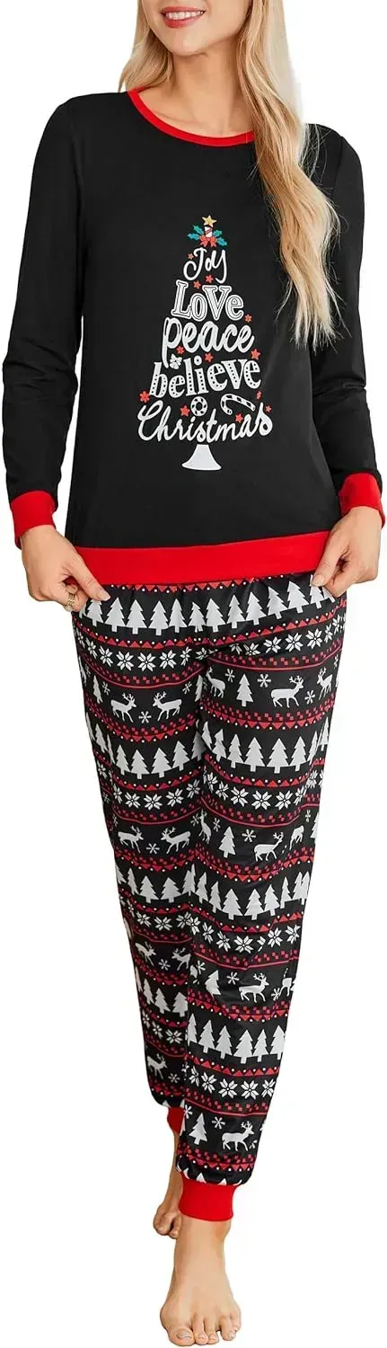 Women's Pajamas Sets Long Sleeve with Plaid Pants Soft Sleepwear O Neck 2 Piece Pjs Joggers Loung Set with Pockets