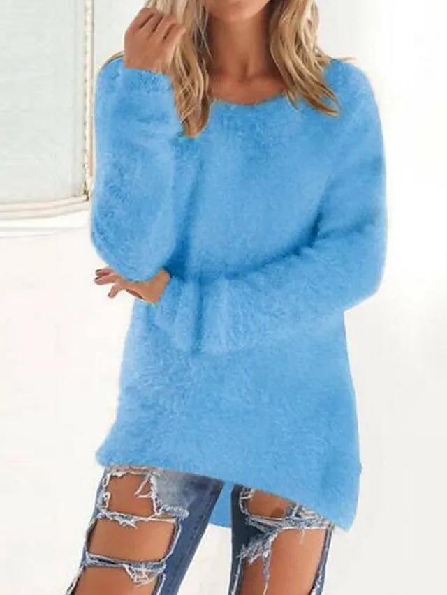 Women's Pullover Sweater Jumper Crew Neck Fuzzy Knit Cotton Oversized Fall Winter Outdoor Daily Going out Stylish Casual Soft Long Sleeve Solid Color Lake blue ArmyGreen
