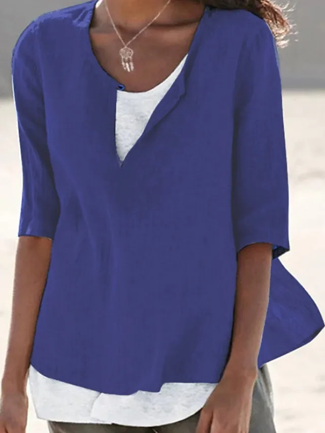 Women's Shirt Blouse Plain Black White Pink Half Sleeve Holiday Casual Beach V Neck Regular Fit