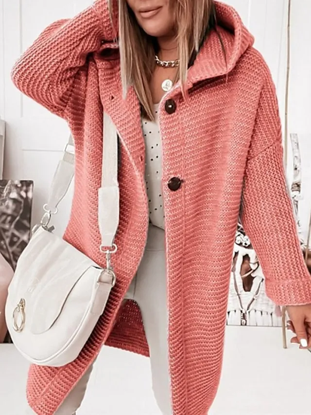 Women's Cardigan Sweater Jumper Knit Button Knitted Solid Color Hooded Stylish Casual Daily Weekend Winter Fall Green Pink S M L / Long Sleeve / Regular Fit
