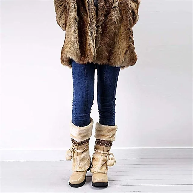 Women's Boots Snow Boots Plus Size Outdoor Daily Fleece Lined Knee High Boots Winter Bowknot Pom-pom Chunky Heel Round Toe Casual Industrial Style PU Lace-up Black Purple Brown