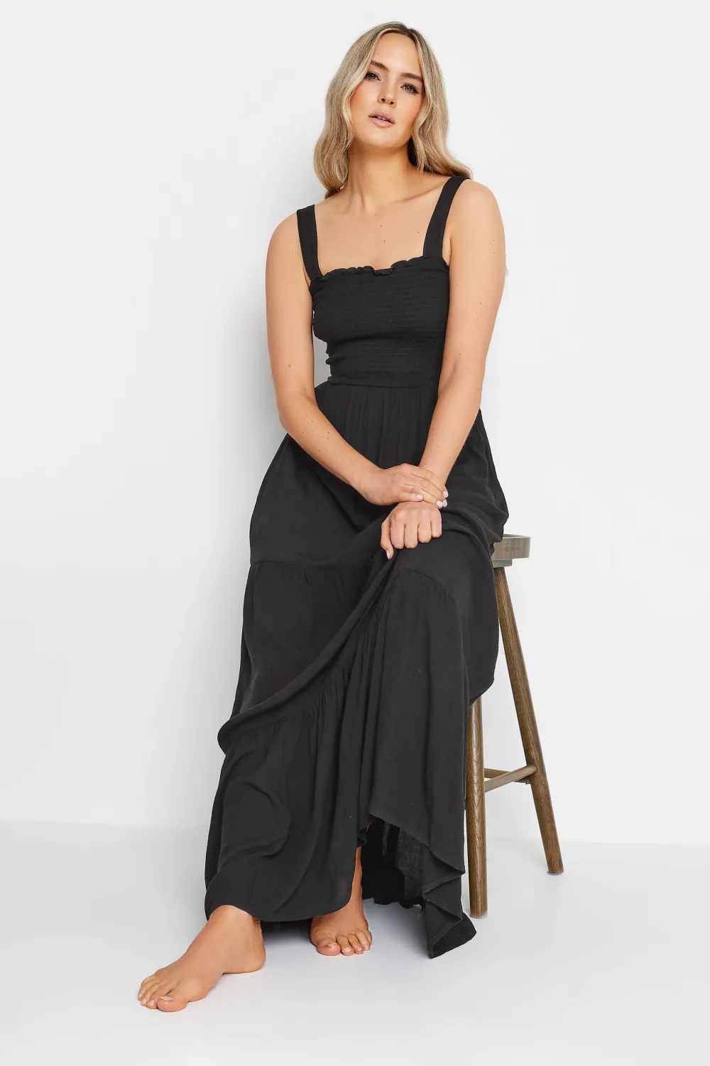 LTS Tall Black Shirred Tiered Maxi Dress