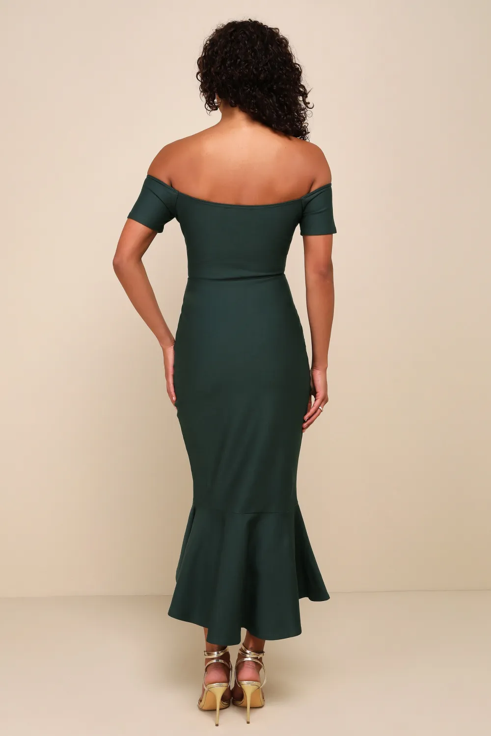 How Much I Care Dark Green Off-the-Shoulder Midi Dress