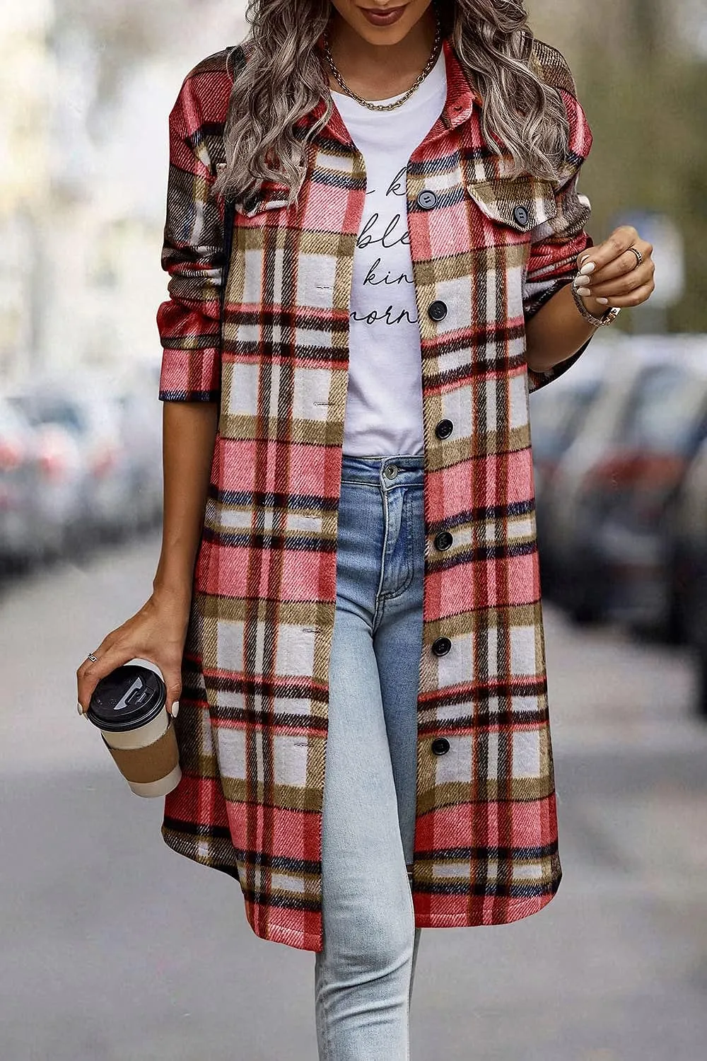 Women's Plaid Shacket 2023 Long Sleeve Button Up Flannel Shirt Winter Tartan Jacket Woolen Coats