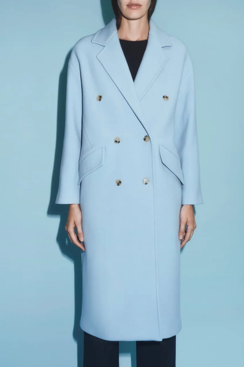 Front Buttons Lapel Coat in Light Blue