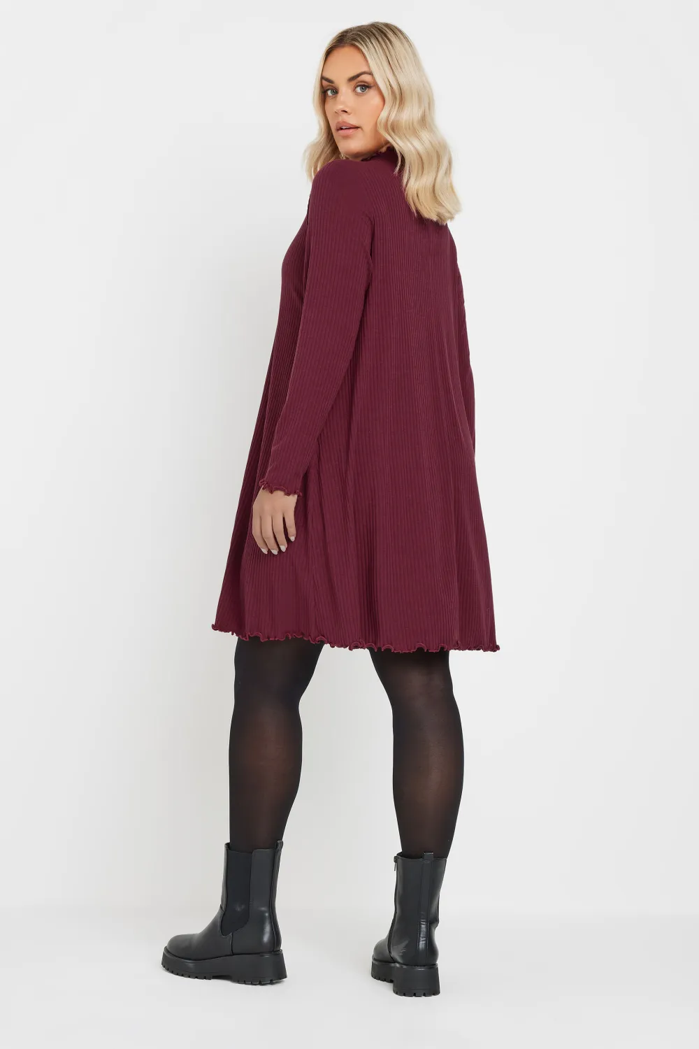 YOURS Curve Forest Green Ribbed Lettuce Hem Tunic Dress