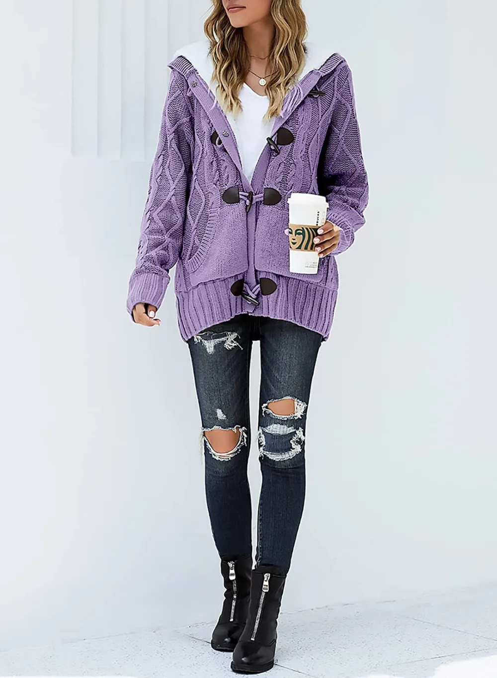Womens Hooded Cardigans Button Up Cable Knit Sweater Coat Outerwear with Pockets