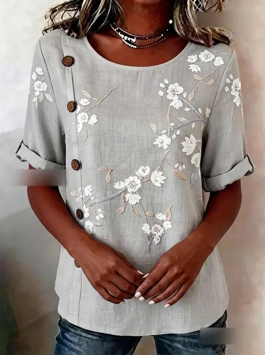 Women's Nashville Floral Branch Embroidered Buttoned Top