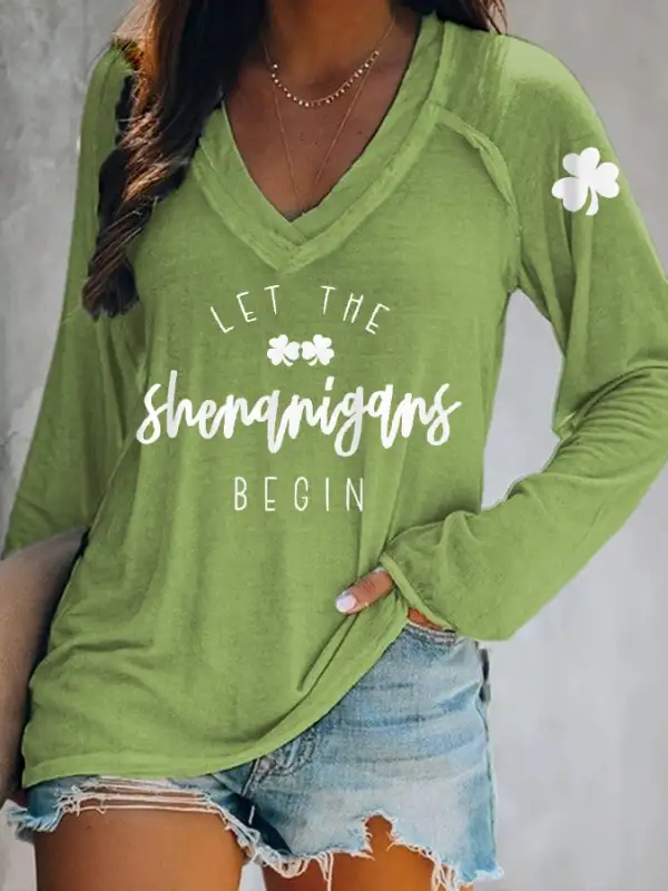 Women's Funny St. Patrick's Day Let The Shenanigans Begin Shamrock Print Casual Long-Sleeve Top