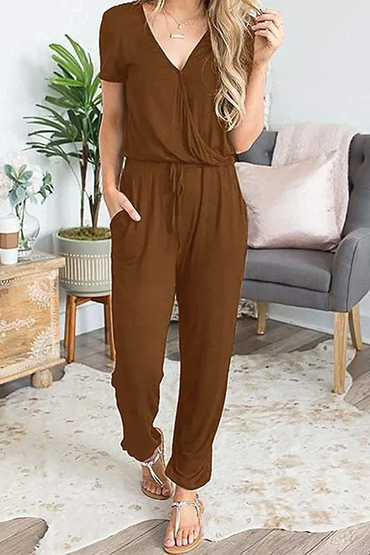 Deep V Neck Wrap Drawstring Waist Jumpsuit