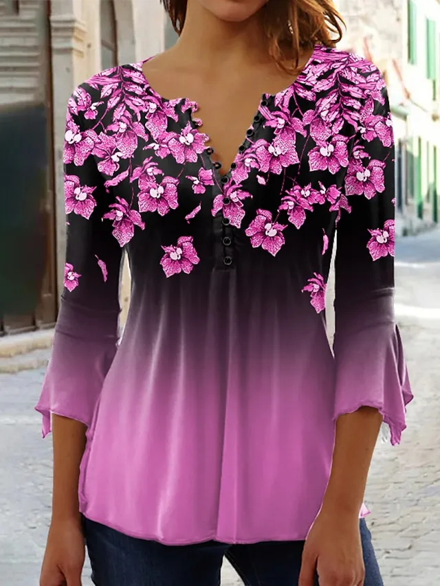 Women's Shirt Blouse Pink Blue Purple Floral Color Gradient Button Print 3/4 Length Sleeve Holiday Basic Neon & Bright Round Neck Regular Fit Floral