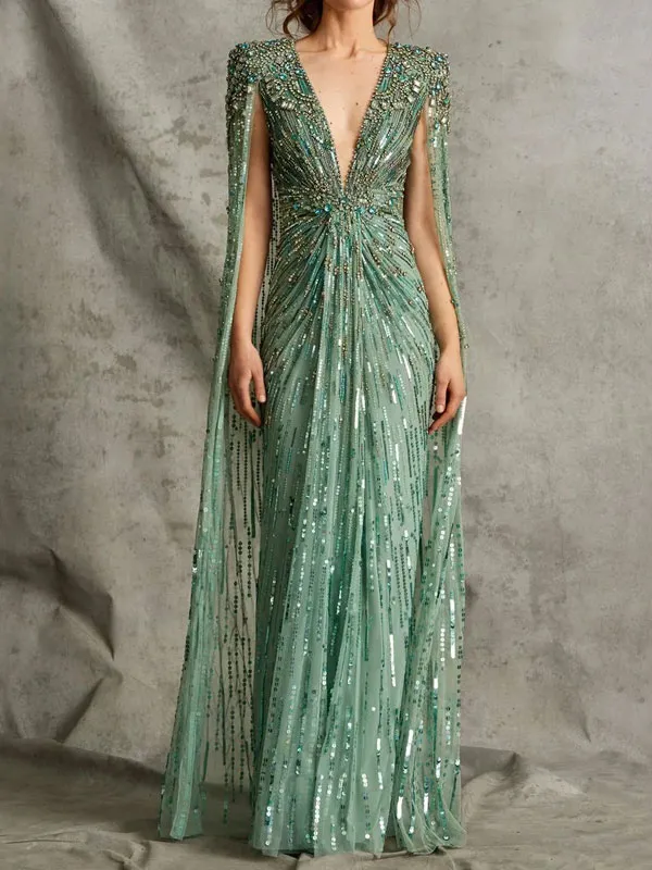 Deep V Beading Cape Sleeve Dress