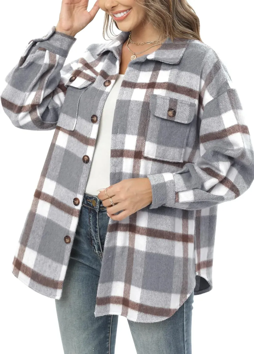 Women's Casual Plaid Flannel Shacket Jacket Oversized Button Down Long Sleeve Fall Shirts Jacket Lapel Coats Tops