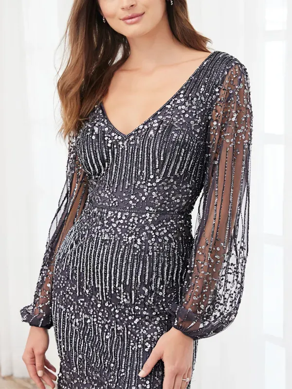 V-neck Long-sleeved Sequined Solid Color Maxi Dress