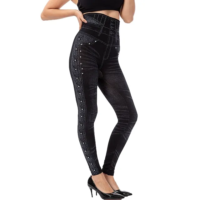 Women's Tights Leggings Jeggings Plain Tummy Control Butt Lift Ankle-Length Casual Weekend Faux Denim Fashion Skinny Black Blue High Waist High Elasticity
