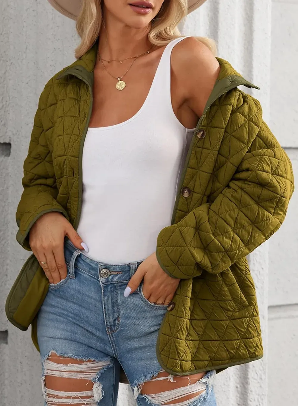 Women's Lightweight Diamond Quilted Jacket Casual Winter Open Front Button Down Puffer Coat Outwear Cardigan