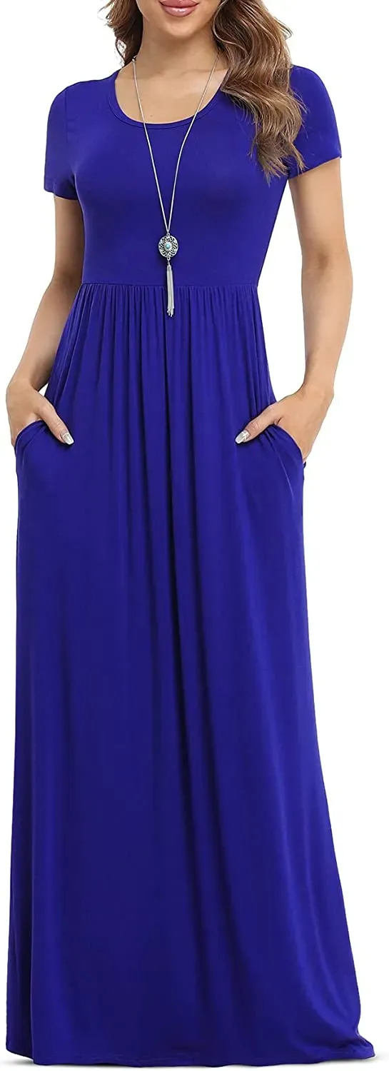 Women's Short Sleeve Loose Plain Maxi Dresses Casual Long Dresses with Pockets