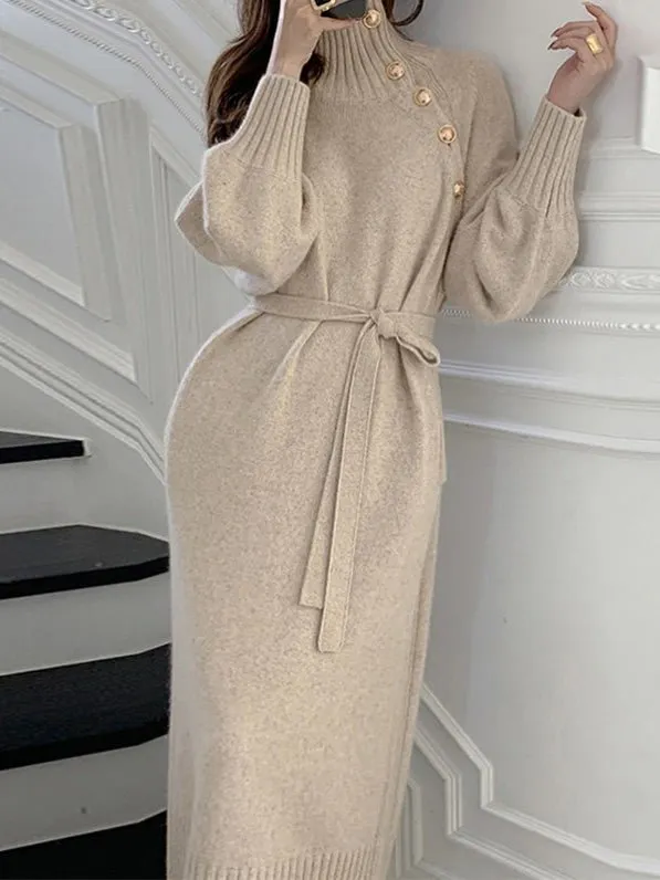 Women's Dresses High Neck Button Tie Long Sleeve Sweater Dress