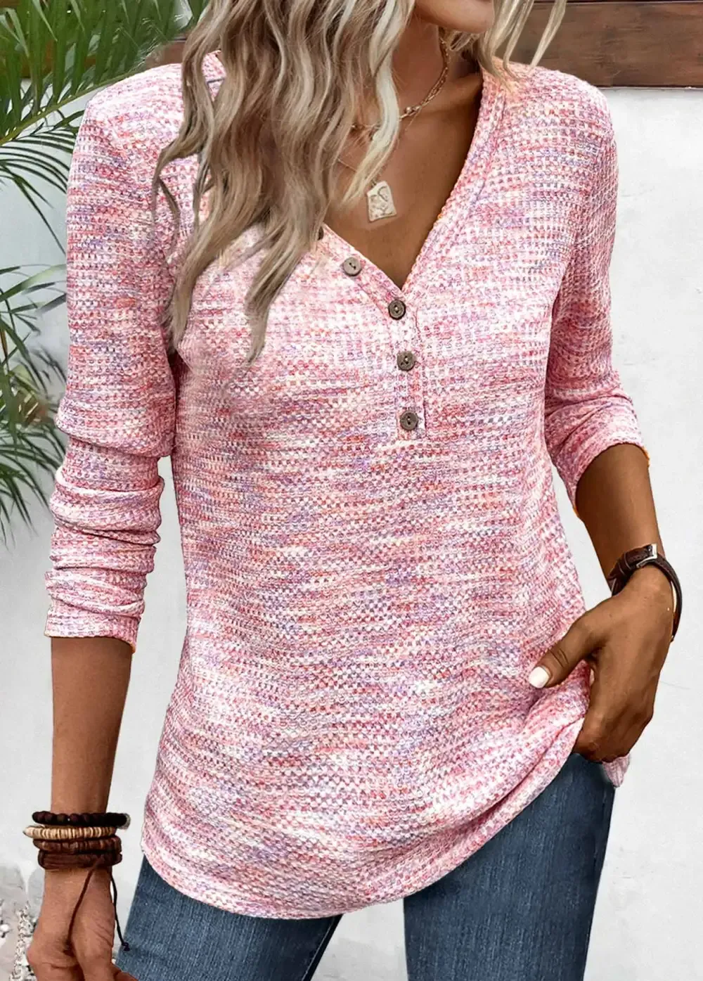 Light Pink Button Long Sleeve V Neck T Shirt