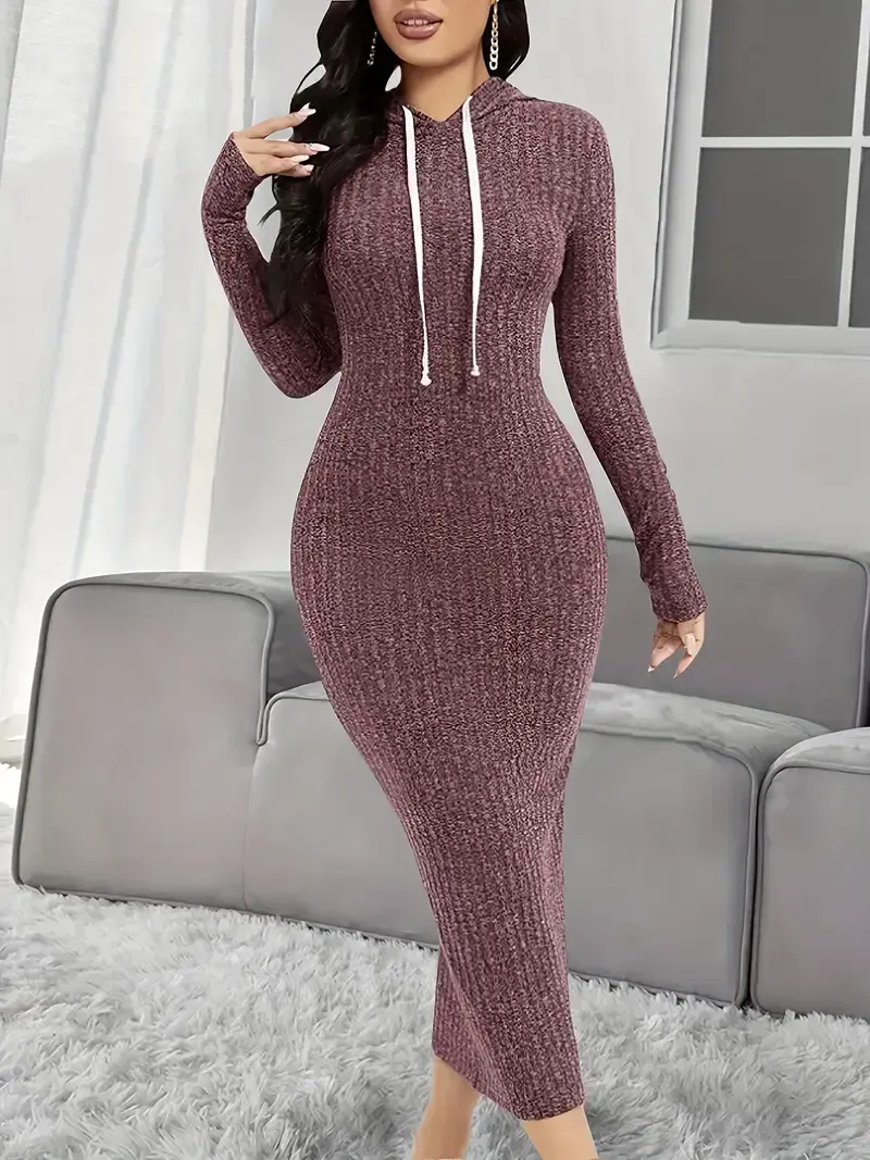 Hooded Knitted Lounge Dresses, Long Sleeve Elastic Home Dress, Women's Loungewear & Dresses