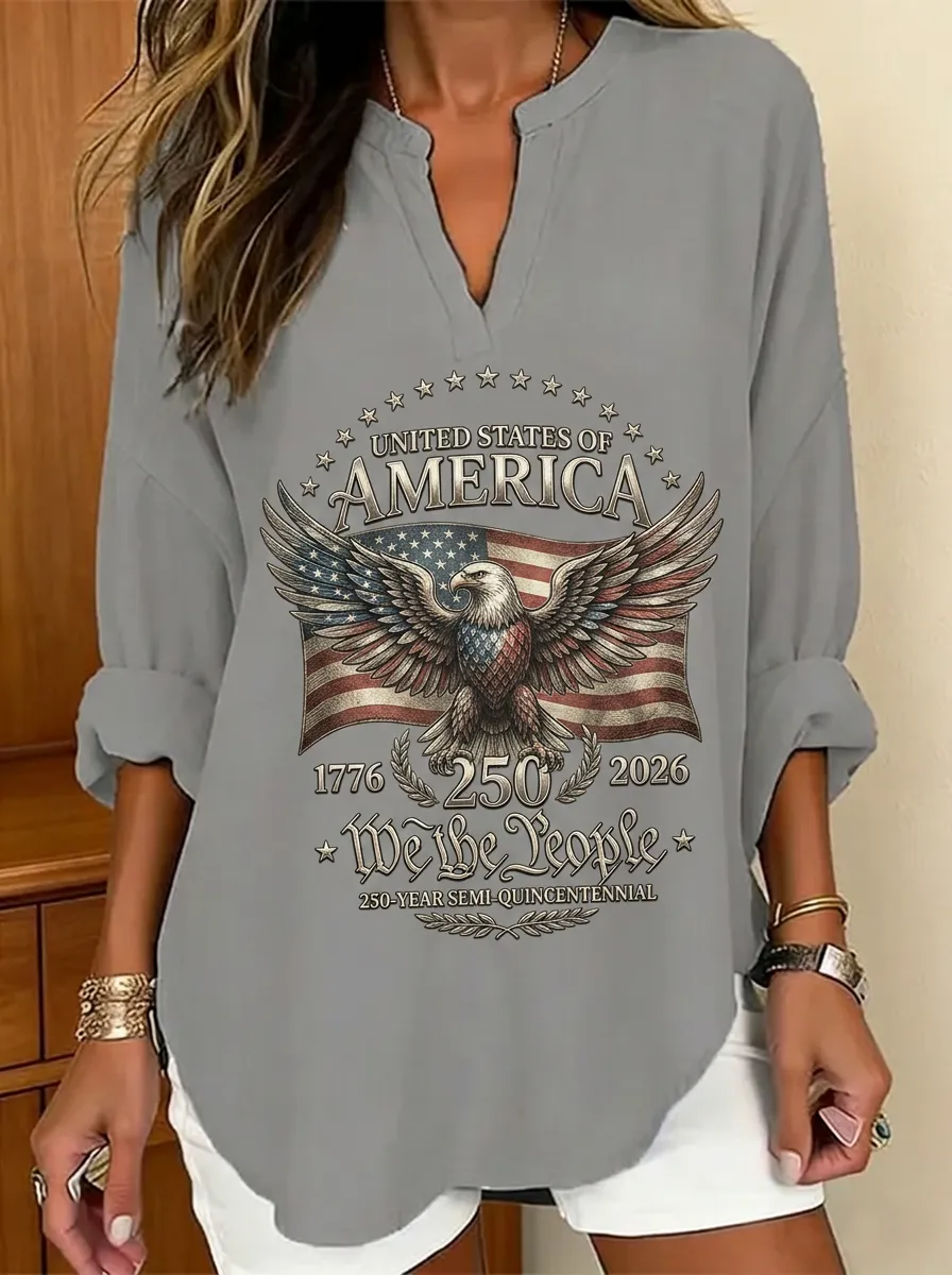 Women's USA Patriotic Eagle 250th Anniversary Printed V-Neck Top