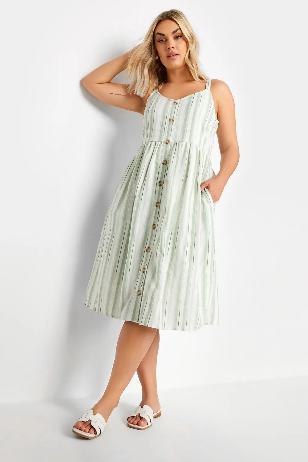 YOURS Curve White & Sage Green Stripe Sundress