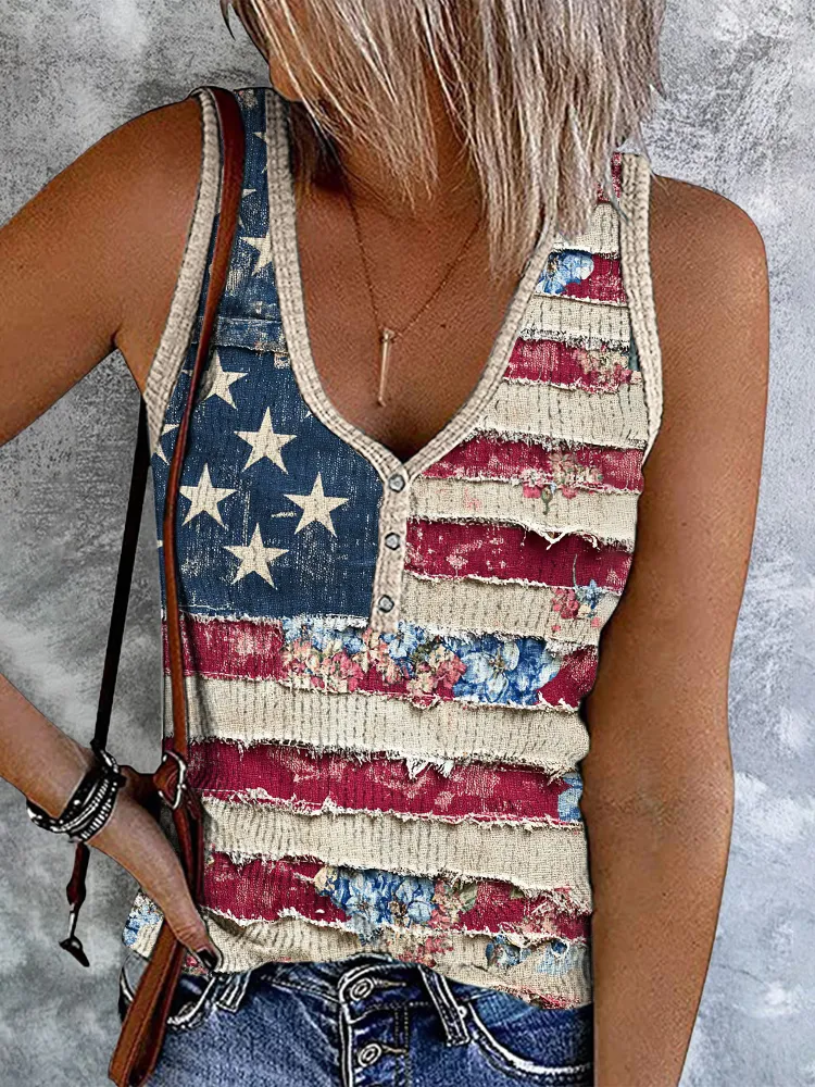 Women's Independence Day Flag And Floral Print Tank Top