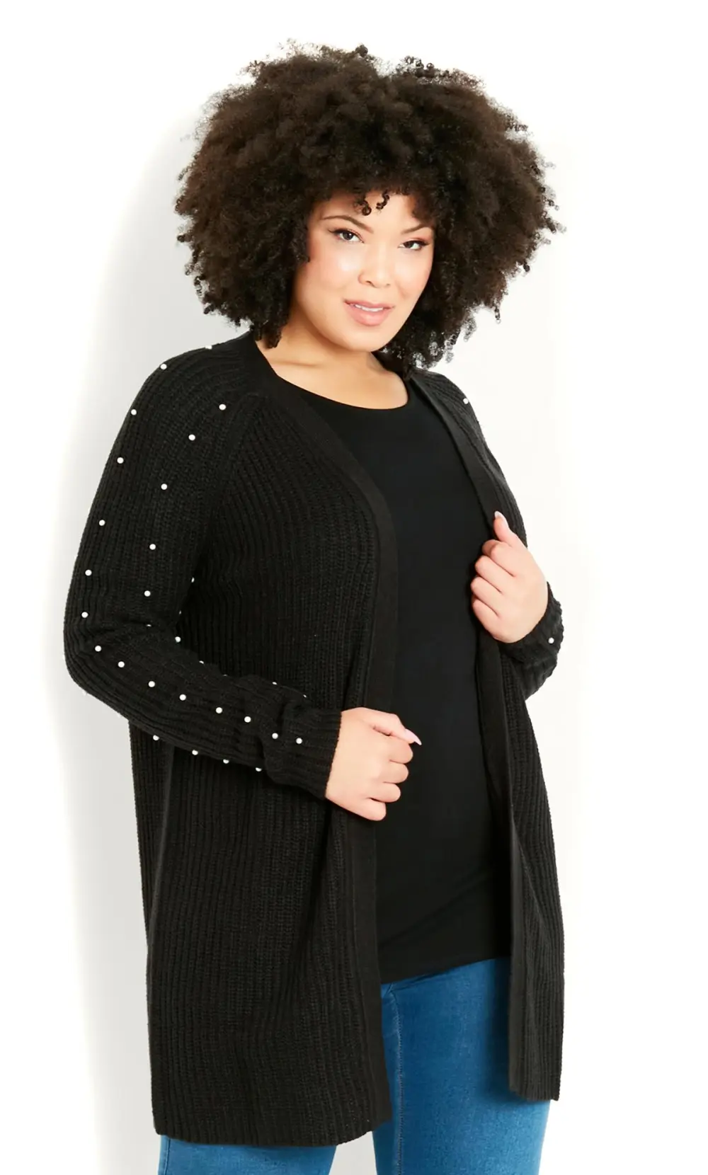 Evans Black Ribbed Knit Pearl Embellished Cardigan