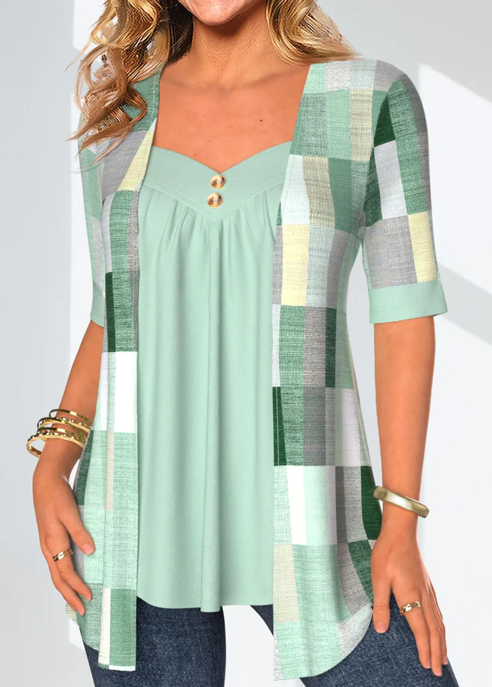 Mint Green Fake 2in1 Geometric Print Blouse