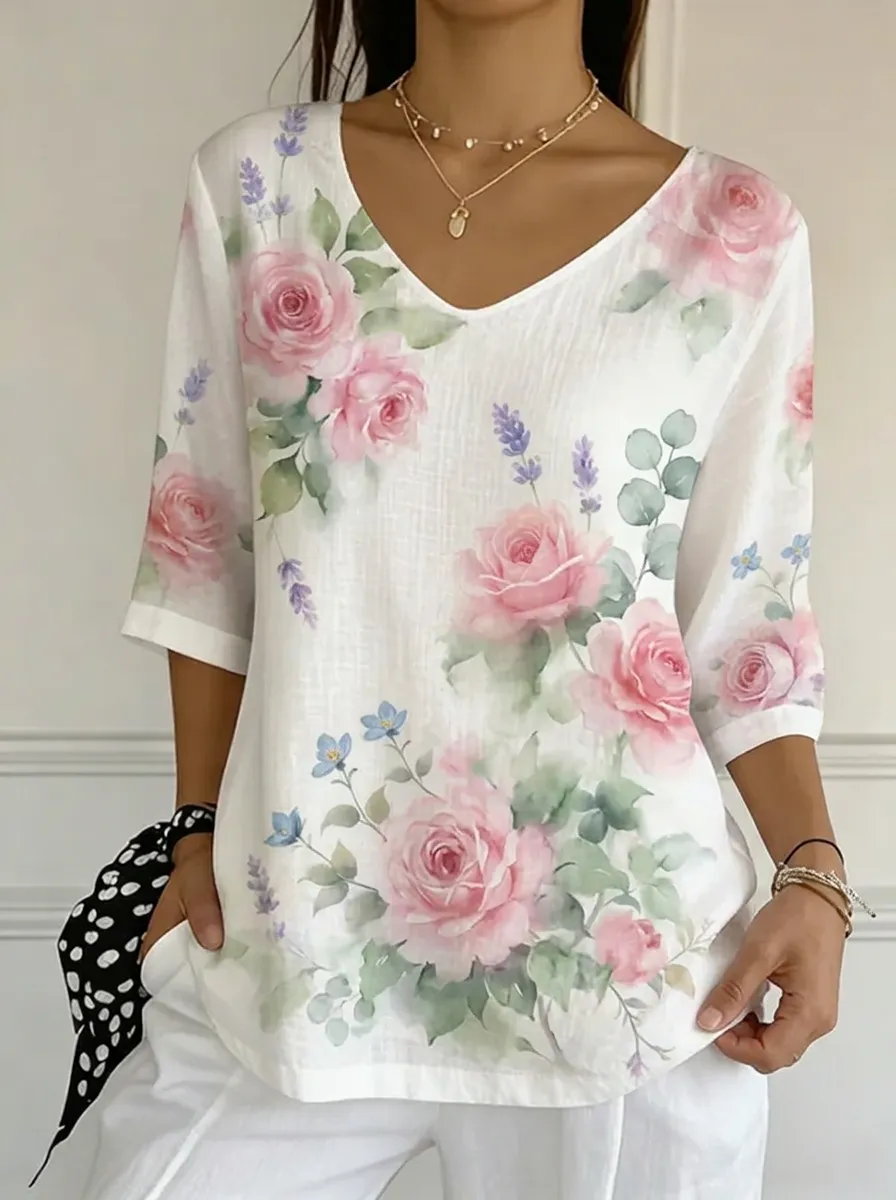 Women's Nashville Floral Rose Printed V-Neck Top