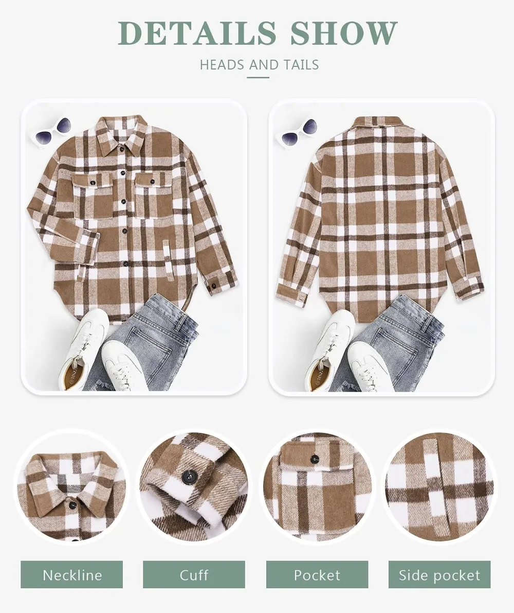 Women's Flannel Plaid Shacket Long Sleeve Button Down Chest Pocketed Shirts Jacket Coats
